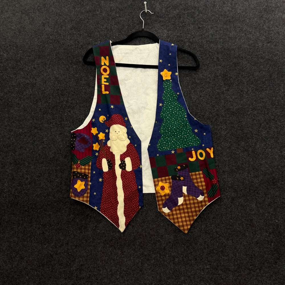 Vintage Handmade Christmas Vest Large Santa Snowman Noel Joy Patchwork Holiday
